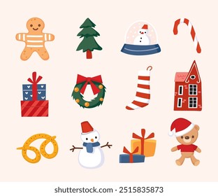 Set of Christmas elements. Santa Claus smiling. Cartoon snowman, reindeer, teddy bear, gingerbread men.