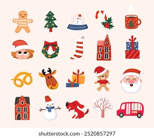 Set of Christmas elements. Santa Claus smiling. Cartoon snowman, reindeer, teddy bear, gingerbread men. 