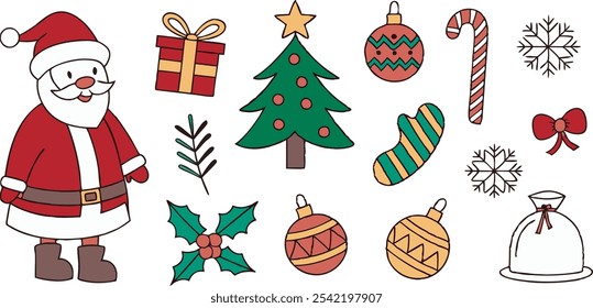 Set of christmas elements santa claus, tree, snowflakes, snowman