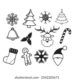 Set of christmas elements santa claus, tree, snowflakes, candy lane, bell