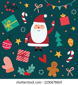 Set von Weihnachtselementen mit Weihnachtsmann, Schneemann, Geschenke, Bonbons und vielem mehr.