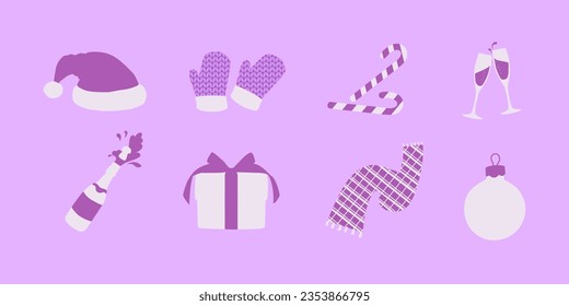 Set of Christmas elements. Santa's hat, Christmas tree toy, gift, scarf and mittens. Vector isolated elements in purple hues.