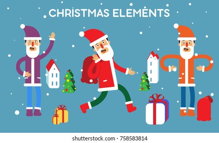 Set of Christmas elements. Smiled Santa characters. 