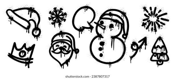 Set of Christmas elements. Snow spray paint vector. Graffiti, grunge elements of winter glove, sock, tree, present, star and cute doodle. Design illustration for decoration, card, sticker, wall decor.