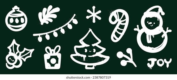 Set of Christmas elements. Snow spray paint vector. Graffiti, grunge elements of winter glove, sock, tree, present, star and cute doodle. Design illustration for decoration, card, sticker, wall decor.