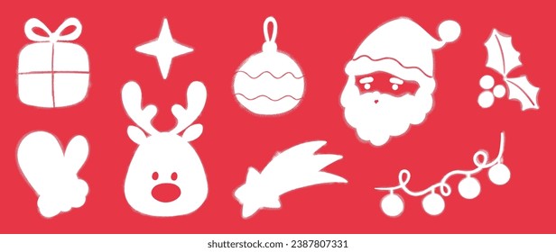 Set of Christmas elements. Snow spray paint vector. Graffiti, grunge elements of winter glove, sock, tree, present, star and cute doodle. Design illustration for decoration, card, sticker, wall decor.