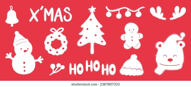 Set of Christmas elements. Snow spray paint vector. Graffiti, grunge elements of winter glove, sock, tree, present, star and cute doodle. Design illustration for decoration, card, sticker, wall decor.