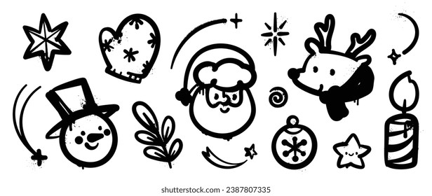 Set of Christmas elements. Snow spray paint vector. Graffiti, grunge elements of winter glove, sock, tree, present, star and cute doodle. Design illustration for decoration, card, sticker, wall decor.