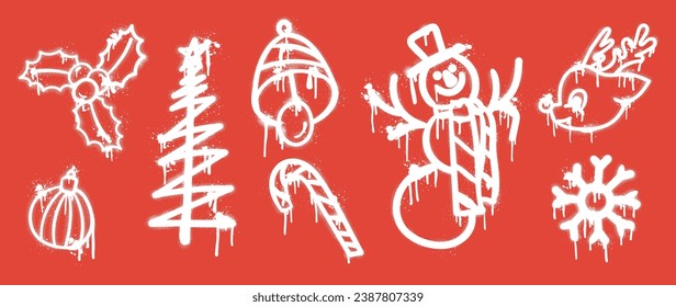 Set of Christmas elements. Snow spray paint vector. Graffiti, grunge elements of winter glove, sock, tree, present, star and cute doodle. Design illustration for decoration, card, sticker, wall decor.