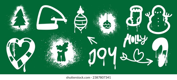 Set of Christmas elements. Snow spray paint vector. Graffiti, grunge elements of winter glove, sock, tree, present, star and cute doodle. Design illustration for decoration, card, sticker, wall decor.