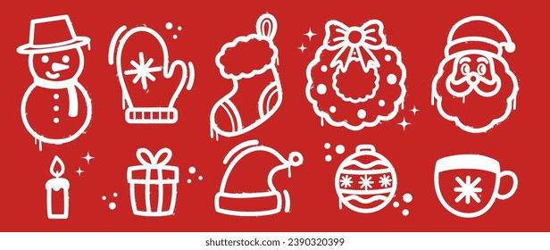 Set of Christmas elements. Snow spray paint vector. Graffiti, grunge elements of winter glove, sock, tree, present, star and cute doodle. Design illustration for decoration, card, sticker, wall decor.