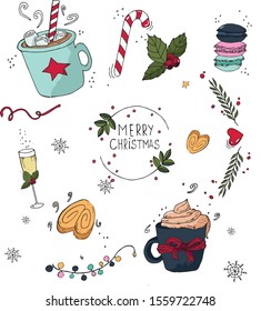 Set of Christmas elements. Snowflakes, berries with leaves, Coca, gift mugs, macaroons, cookies and other items. Vector illustration.