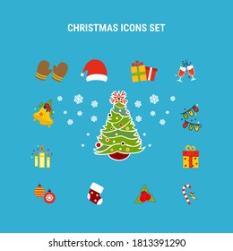 Set of Christmas elements. Snowflakes, Santa Claus, christmas tree, gifts, and other elements. Vector illustration.