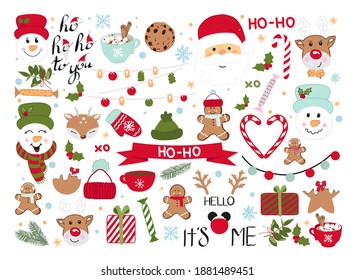 Set of Christmas elements. Snowflakes, Santa Claus, deer, gifts, calligraphy, lettering, animals, cocoa and other elements. Vector illustration. Suitable for postcards, backgrounds, wrapping paper