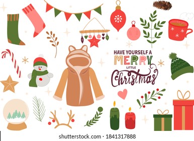 Set of Christmas elements. Snowflakes, snowman, candles, gifts, calligraphy, lettering, ball and other elements. Vector illustration.
