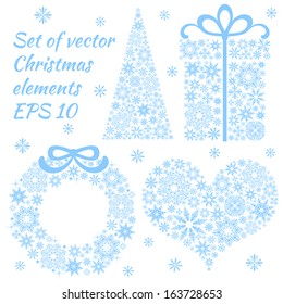 Set of Christmas elements from snowflakes: Christmas tree, gift, wreath, heart. Element for design. 