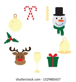 Set of Christmas elements. Snowman, christmas deer, glass, ball, candy, gift, bell, candle