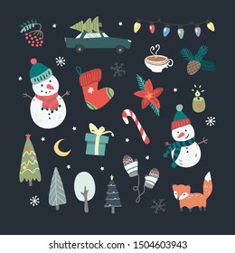  Set Christmas elements  with snowman, gifts, candle, moon, fox, christmas light, car with christmas tree. Happy new year. Vector.