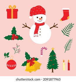 set of Christmas elements and snowman in white
