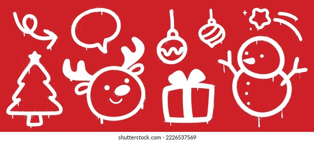 Set of christmas elements spray paint vector. Graffiti, grunge elements of christmas trees, reindeer, snowman, present white line on red background. Design illustration for decoration, card, sticker.