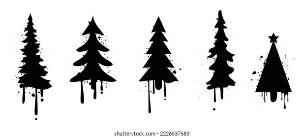 Set of christmas elements spray paint vector. Graffiti, grunge, silhouette elements of christmas trees, pine trees isolated on white background. Design illustration for decoration, card, sticker.