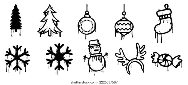 Set of christmas elements spray paint vector. Graffiti, grunge elements of pine tree, bauble, snowflake, snowman, sock, candy on white background. Design illustration for decoration, card, sticker.