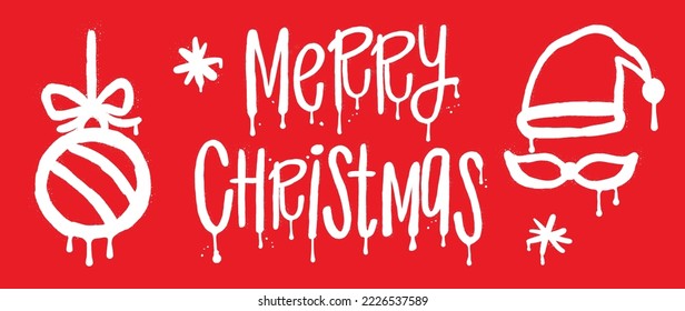 Set of christmas elements spray paint vector. Graffiti, grunge, white line spray elements of merry christmas, bauble, santa hat on red background. Design illustration for decoration, card, sticker.