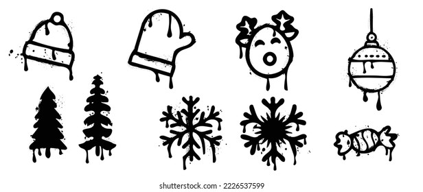 Set of christmas elements spray paint vector. Graffiti, grunge elements of winter hat, glove, reindeer, bauble, pine tree on white background. Design illustration for decoration, card, sticker.