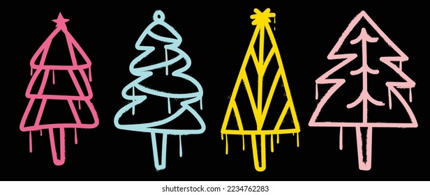Set of christmas elements spray paint vector. Graffiti, grunge, glowing elements of spray paint christmas trees, ink flow on black background. Design illustration for decoration, card, sticker.