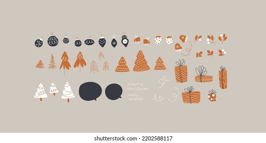 Establecer elementos de navidad: abeto, mitones, patines, juguetes, jengibre, árboles, regalos. Impresión vectorial para habitación infantil, tela, papel, tarjeta de felicitación, postal, tarjeta, camiseta, afiche, textil.