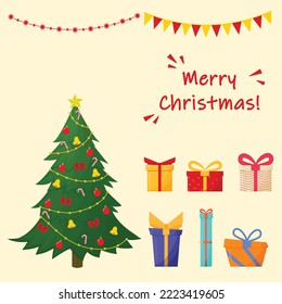 Set of Christmas elements. Spruce or Christmas tree, lights, gift boxes, and lettering merry Christmas