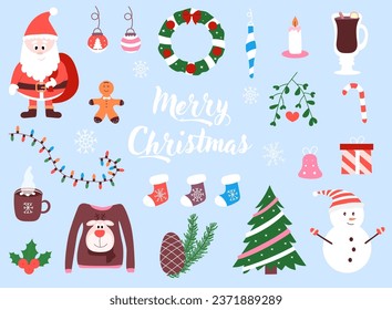 Set of Christmas elements. Sweater,  Santa, Christmas decoration, candy, snowman, gift, mistletoe. Collection for winter holidays. Vector illustration