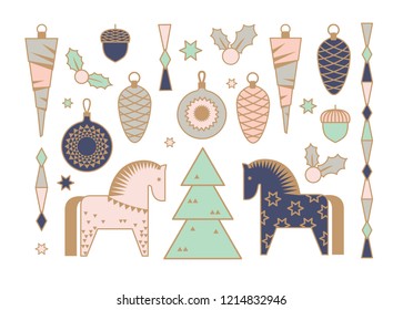  Set of christmas elements. Symbols of the new year: Christmas tree, ball, garland, horse for the design of holiday greetings, cards, paper, packaging