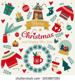 Set of Christmas elements with text. Cute vector illustration in flat style. Christmas template.