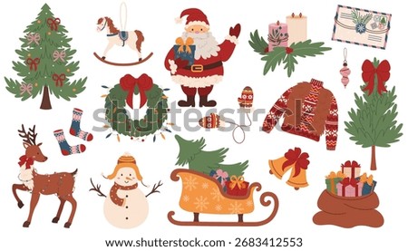 Set of Christmas elements. Traditional cozy winter decor for holidays. New Year and Christmas decorations. Colored flat hand-drawn illustrations on white background. Vector stickers or clip art set.