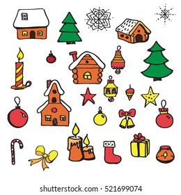 Set of Christmas elements (Christmas tree, candles, houses, socks, balls, gifts). Sketch on a white background. Vector.