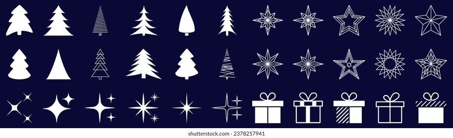 Conjunto de elementos de Navidad: árbol, caja de regalo, elementos geométricos minimalistas de estrella brillante e iconos. Ilustración del vector