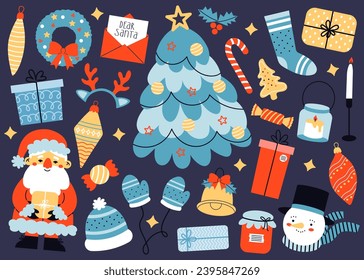 Conjunto de elementos de navidad. Árbol y corona de Navidad, santa claus, muñeco de nieve, caramelos, ropa de abrigo y otros. Cuidada colección de invierno.