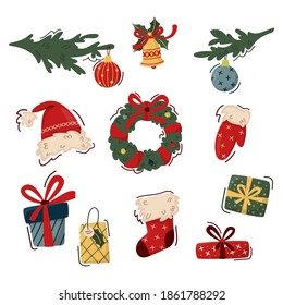 Set of Christmas elements in trendy flat style. Christmas wreath, Santa hat, gift sock, bell, decorated fir branches and gift boxes. For banner, poster, cards, invitations, apps, advent calendar.