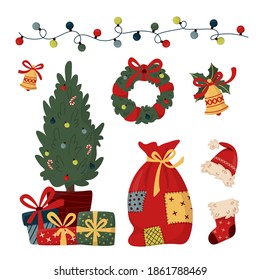 Set of Christmas elements in trendy flat style. Christmas wreath, decorated fir with gift boxes, gift sock, santa hat, garland, bag with gifts. For banner, poster, cards, invitations, apps, advent