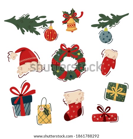 Set of Christmas elements in trendy flat style. Christmas wreath, Santa hat, gift sock, bell, decorated fir branches and gift boxes. For banner, poster, cards, invitations, apps, advent calendar.
