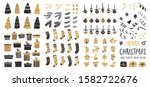 Set of Christmas elements for typographic design. Christmas trees, balls, gifts, gingerbread, socks, pine cones and fir branches. Vector illustration in black and gold style