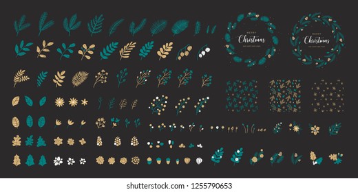 Set of Christmas elements for typographic design. Seamless patterns, leaves, branches, berries, pine cones and and templates of round wreaths