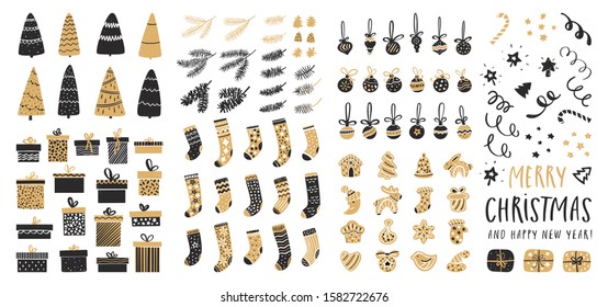 Set of Christmas elements for typographic design. Christmas trees, balls, gifts, gingerbread, socks, pine cones and fir branches. Vector illustration in black and gold style