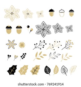 Set Of Christmas Elements For Typographic Design. Leaves, Branches, Berries In Black And Gold Colour Scheme. Vector Illustration In Modern Style.