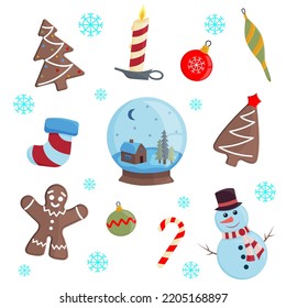 Set of Christmas Elements. Vector icons with New Year theme. Isolated objects on white background.