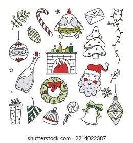 Set Christmas elements vector Illustration Doodle isolated on white Background Christmas 