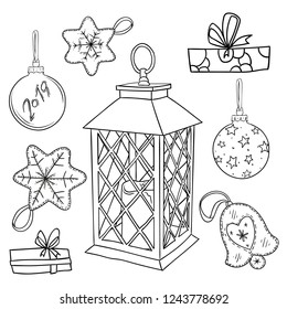 Set of christmas elements with vintage lanterns. Isolated line icons, modern design.