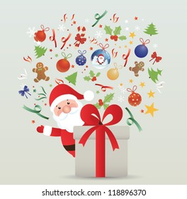Set of christmas elements. Vintage santa claus with presents