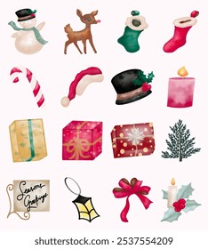 set of christmas elements with watercolor